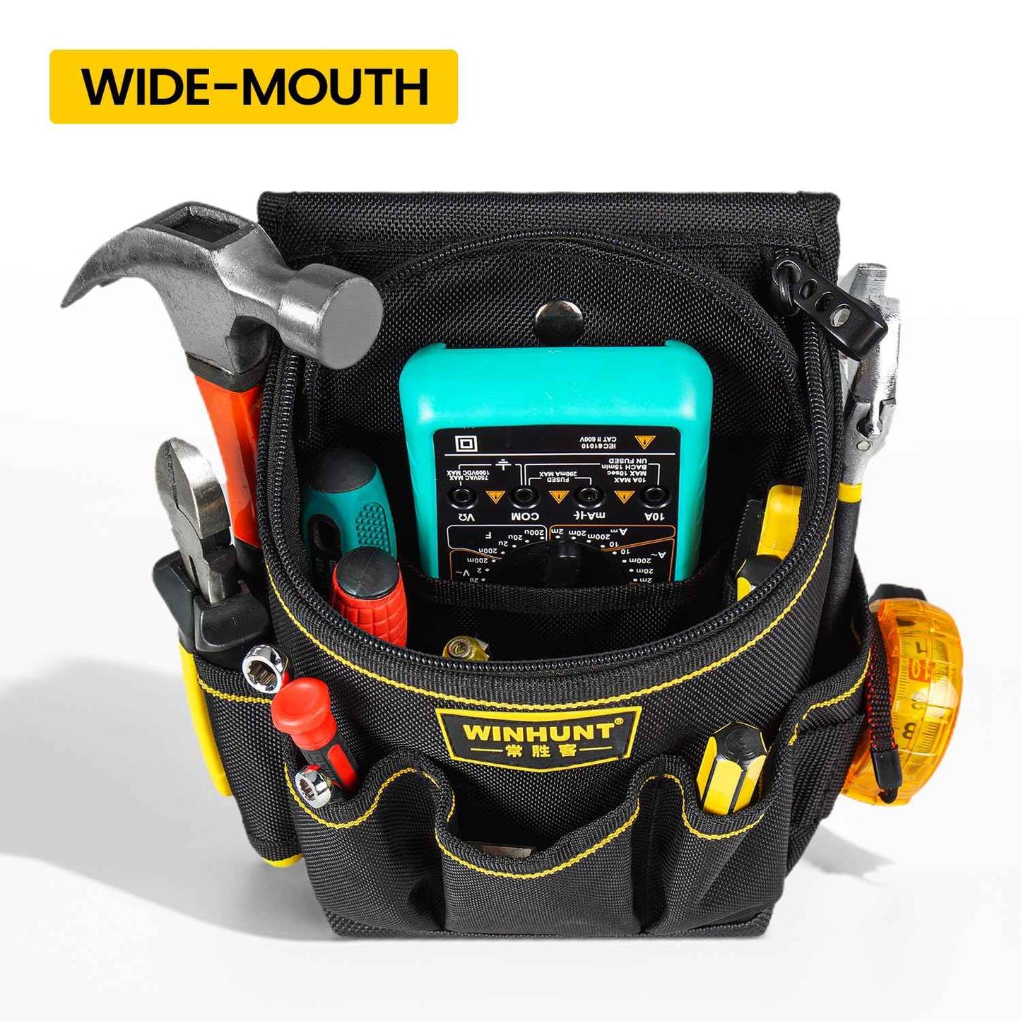 WINHUNT Tool Belt Pouch with Multiple Pockets, Heavy Duty Construction Belt Bag, Black and Yellow, Storage for Electrician Tools