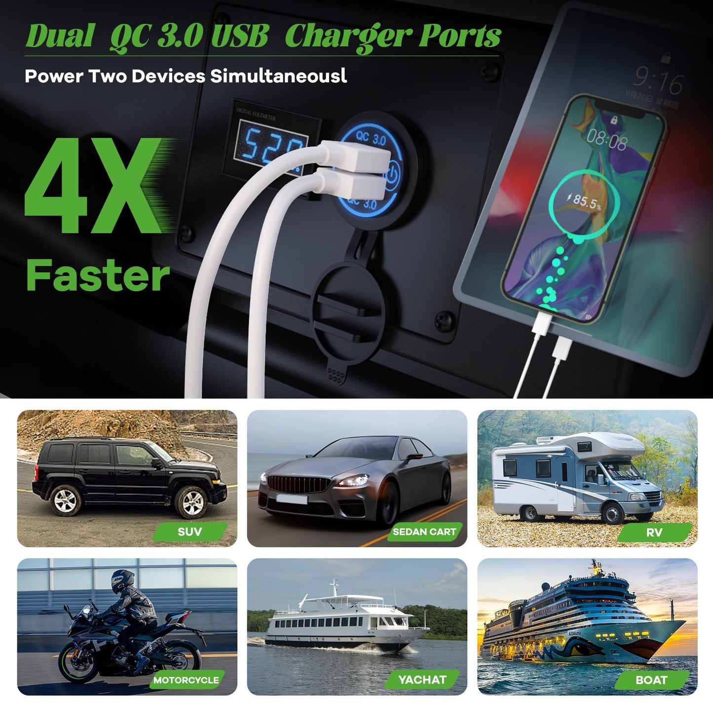 10L0L Golf Cart Quick Charge QC 3.0 Dual USB Charger Socket, 12V-24V USB Outlet for Yamaha EZGO Club Car, 12V Input Double USBs Ports with DIY Cars Port Outlet for Car Boat RV Motorcycle Truck