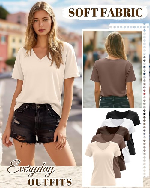 Huukeay Women's V-Neck Basic Tees - 5 Pack Comfortable Casual Short Sleeve Tops for Summer