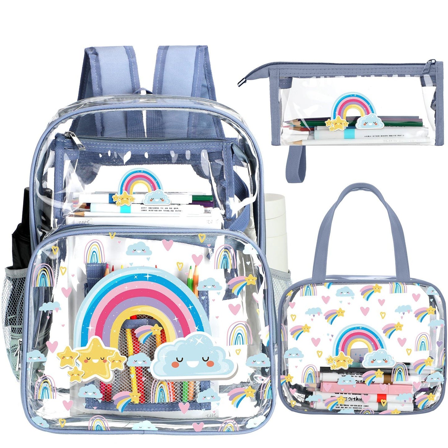 Kacctyen 3 Pcs Clear Backpack for Heavy Duty Clear Stadium Bag Transparent Backpack with Lunch Bag(Blue Purple,Rainbow)