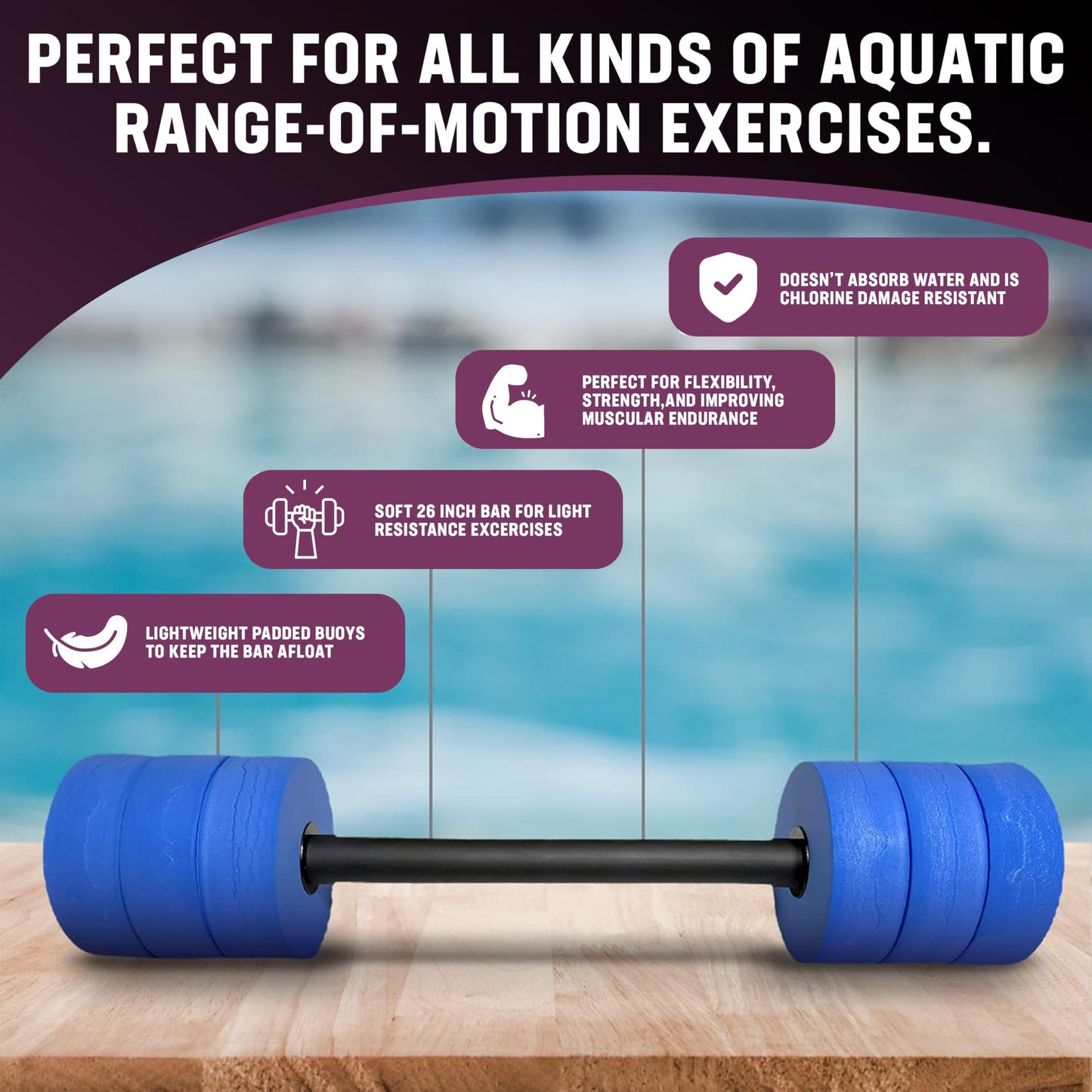 Kemp USA Aquatic Bar Float - 26 Inch Soft Foam Padded Dumbbell Set for Swimming Pool, Water Aerobics & Fitness Exercise - Non-Water Absorbing, Designed for All Ages.