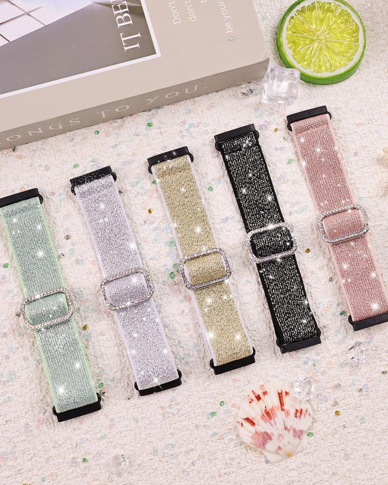 Stretchy Nylon Bands Compatible with Fitbit Versa 3/4 and Sense/Sense 2 Watch Bands, Adjustable Stretchy Bling Wristbands for Women (Pink+Mintgreen+Silverwhite)