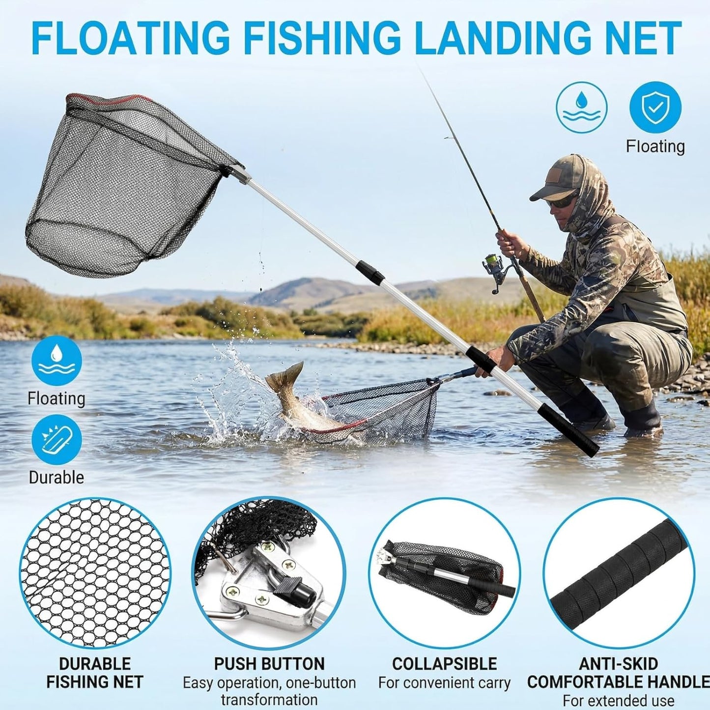 ZENFUN Fishing Net - Telescopic Pole Handle, Collapsible Nylon Mesh for Saltwater & Freshwater | 51" Extendable (Black, White)