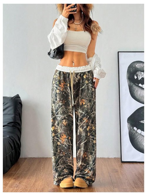 Floerns Women's Tree Print Camouflage Baggy Sweatpants Elastic Waist Drawstring Athletic Pants Green Multi X-Small