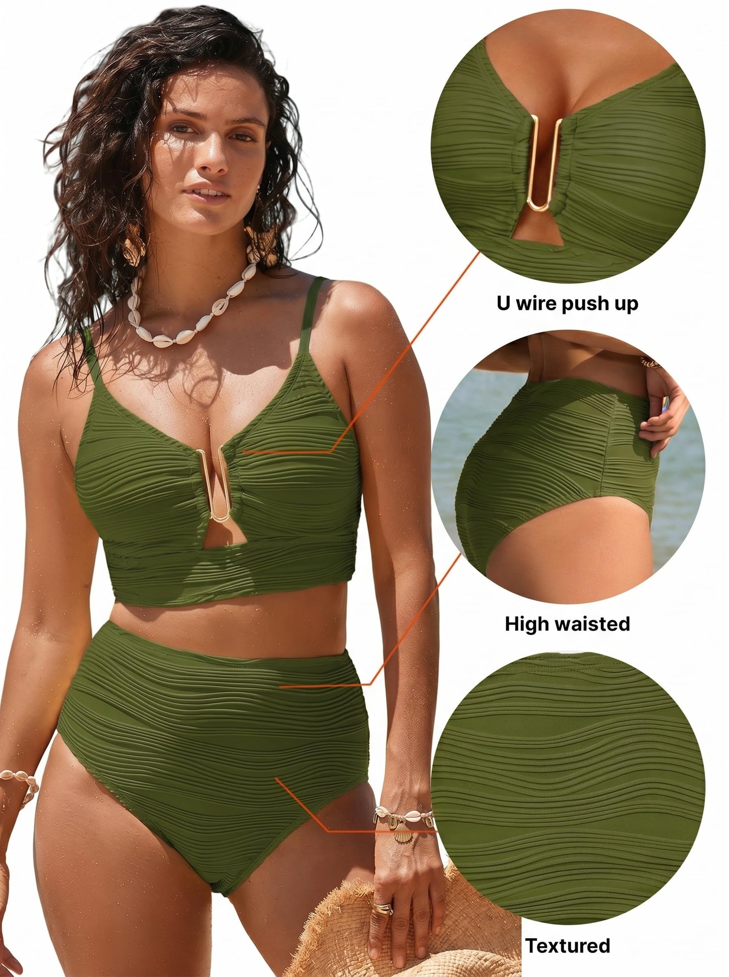 Herseas Women's Textured Bikini Set V Neck High Cut Swimwear Ribbed Sexy 2026 Beach Vacation Clothes for Women Tummy Control Swim Suits Modest Cruise Essentials Grass Green Medium