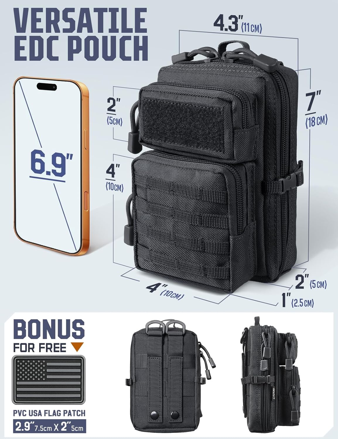 Skiennix Tactical EDC Pouch - 2 Pack Utility Phone Holder for Duty Belt, Backpack, Vest | Includes US Flag Patch