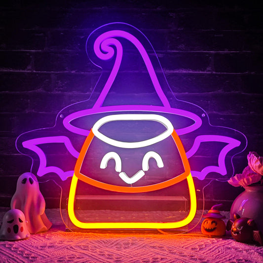 Halloween Neon Sign for Wall Decor Bat Led Sign Dimmable Candy Corn Neon Sign Witch Neon Light Up Sign Halloween Bedroom Kids Room Bar Horror Man Cave Game Room