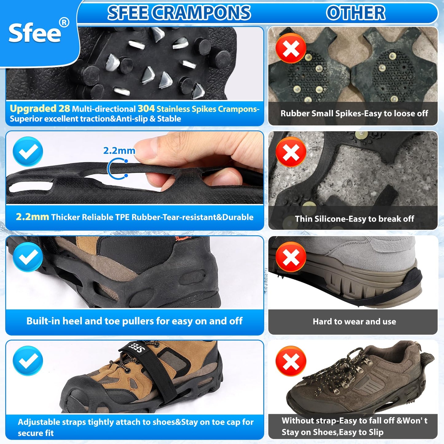 Sfee Crampons Ice Cleats for Shoes and Boots, 28 Snow Shoe Spikes Ultra-Grip Ice Cleats for Men & Women Non-Slip Snow Traction Ice Grippers for Shoes and Boots for Walking, Hiking, Climbing & Fishing