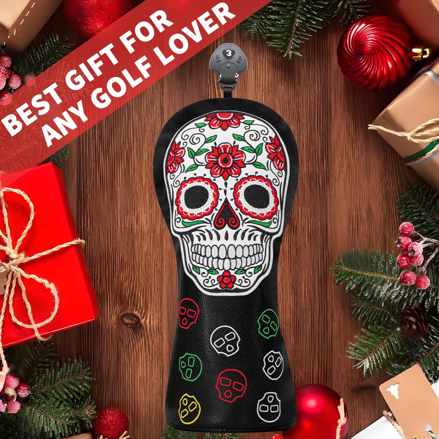 Golf Head Cover Golf Club Red Flower Skull Design Golf Covers PU Headcovers Set Fits Driver Fairway Wood Hybrid Utility Woods Iron Wedge Headcover.