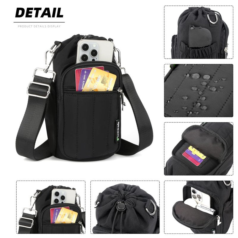 Rueesh Women Water Bottle Holder Bag with Adjustable Strap, Insulated Water Bottle Carrier RFID Crossbody Sling Bag for Hiking Walking Gym Travel,Black