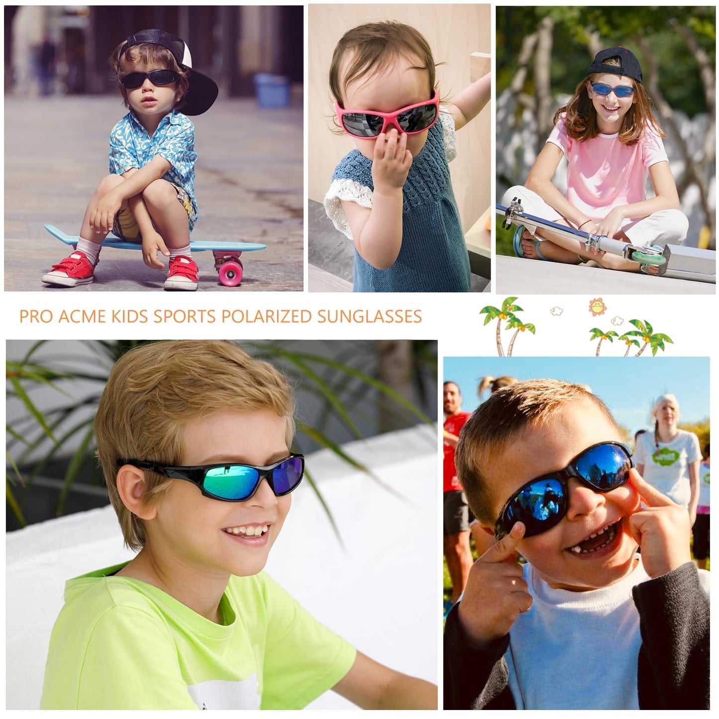 Pro Acme TR90 Unbreakable Polarized Sports Sunglasses for toddle kids Boys and Girls Children Youth Sunglasses With Strap for Age 3-12 (Blue/Sky Blue + Black/Green Mirrored+Matte Black)