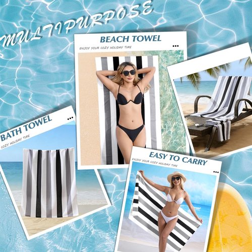 Beach Towel Set - Skiennix 4-Pack Quick-Dry Sand-Free Stripe Towels | 30"x60" Soft Absorbent Grey/Black