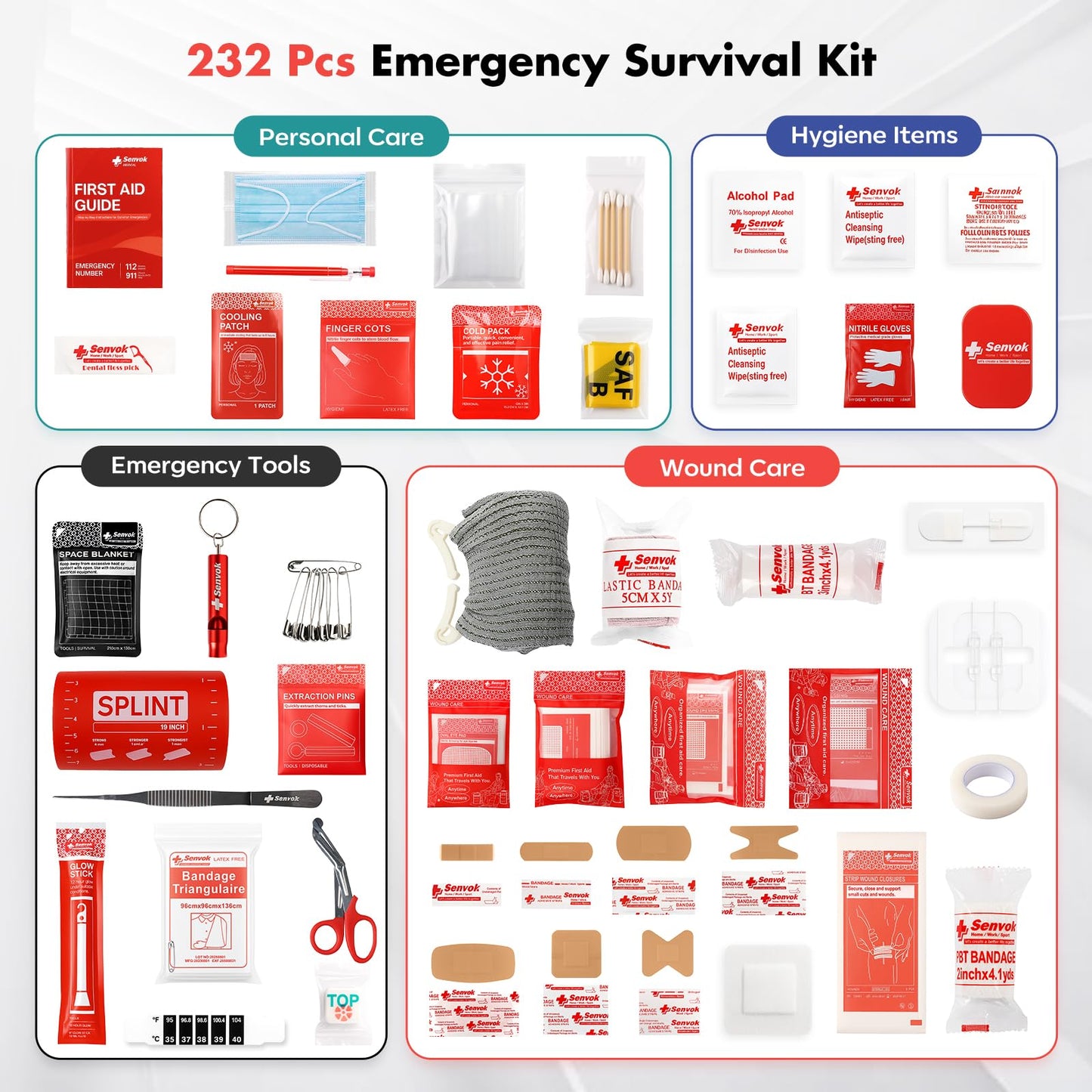 Senvok Large First Aid Kit for Car, Camping, Outdoor Adventures -with Color-Coded Labeled & Rip-Away Design for Fast Access- Molle Emergency Survival Kit with Zip Stitch Wound Closure