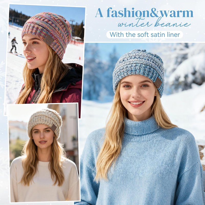 Satin Lined Beanie Women-Winter Hats for Women Silk Lined Slouchy Cute Beanie for Winter Warm Knit Ski Hat Mix Beige&Black&Purple