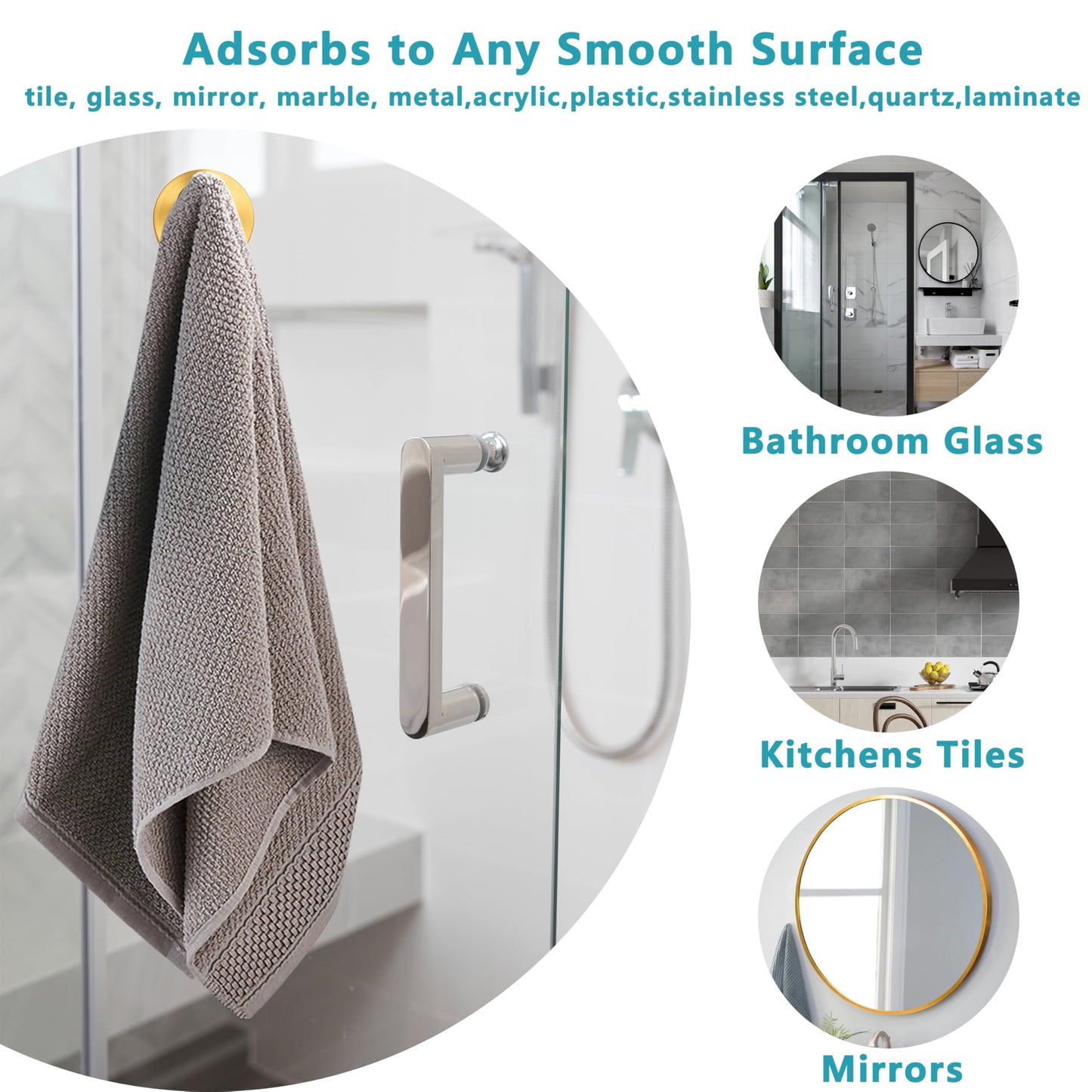 Suction Cup Hooks for Shower,Wreath Hanger for Front Door,Removable No Drill Waterproof Towel Loofah Hook,Upgraded 15 lbs Strong Suction Metal Hooks for Bathroom,Wall,Garland Glass Door-Gold 2 Pcs