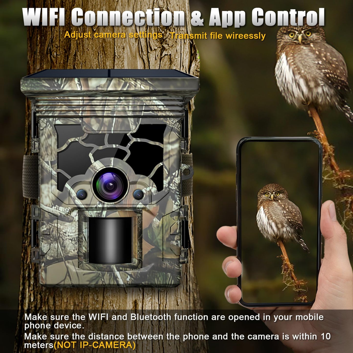 Zelvor Trail Camera Solar Powered 4K 46MP, WiFi Bluetooth Game Camera with 32GB Memory Card, 130° Wide Angle, Motion Activated 0.3s Trigger, IP66 Waterproof No Glow Night Vision
