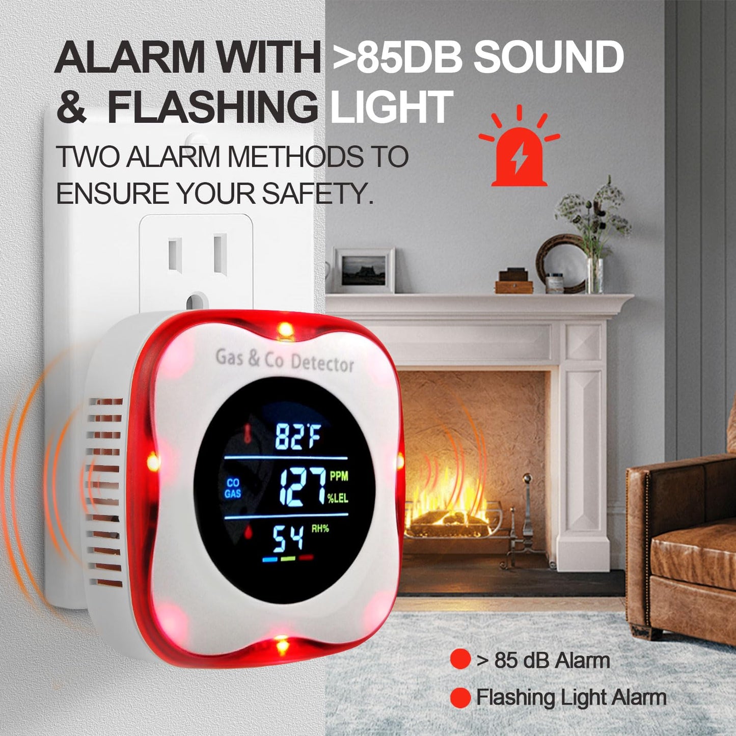 Combustible Gas & CO Detector 4-in-1 – Plug-in Natural/Propane Gas Leak Alarm with Temp & Humidity Sensor, Compact for Home, RV, Kitchen Safety