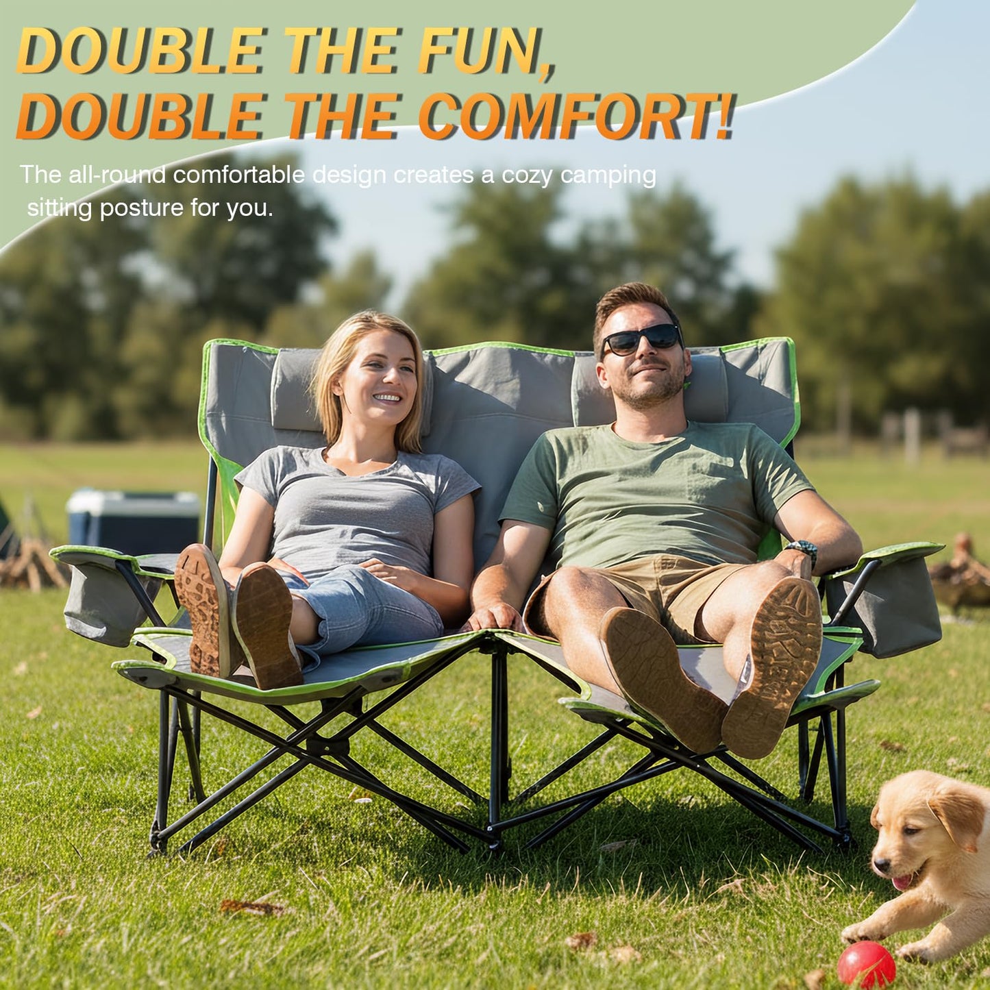 Double Camping Chair,Adjustable Two Person Adjustable Backrest Reclining chairs with Foot Rest,Oversized Folding Camping Loveseat,Office,Beach,Lawn,Headrests,Cooler Bag,Cup Holder,Support 600lbs