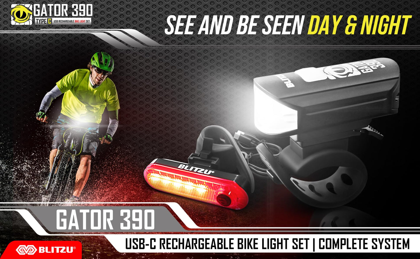 Bike Lights for Night Riding, Super Bright Bicycle Reflectors, USB Rechargeable Bike Lights Front and Back, Water-Resistant, 4+5 Modes Headlight Taillight Set for Safety, Men, Women & Kids Gator 390