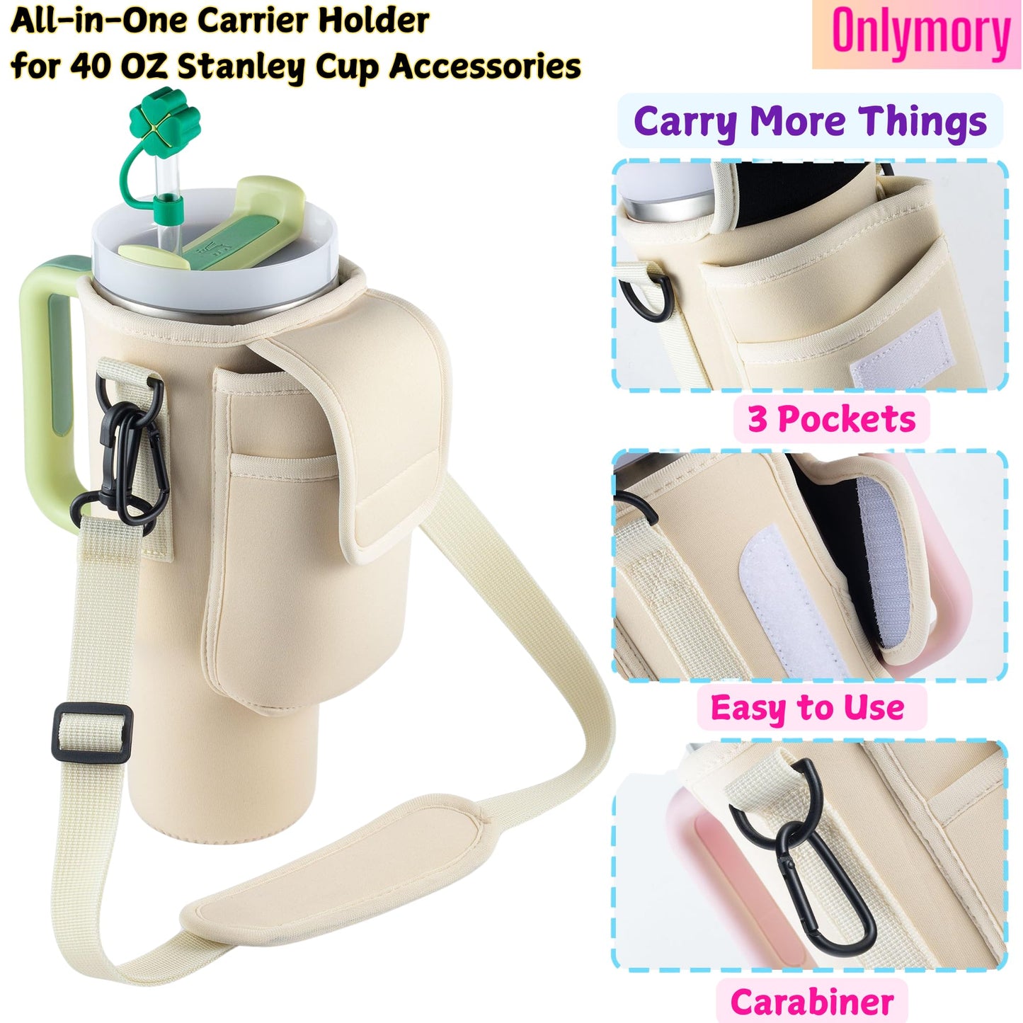Carrier Bag for 40 OZ Stanley Cup Accessories, Holder with Strap and Pockets, Crossbody Water Bottle Bags for Stanley 40OZ Tumbler with Handle, Phone Pouch and Straw Cover, Neoprene