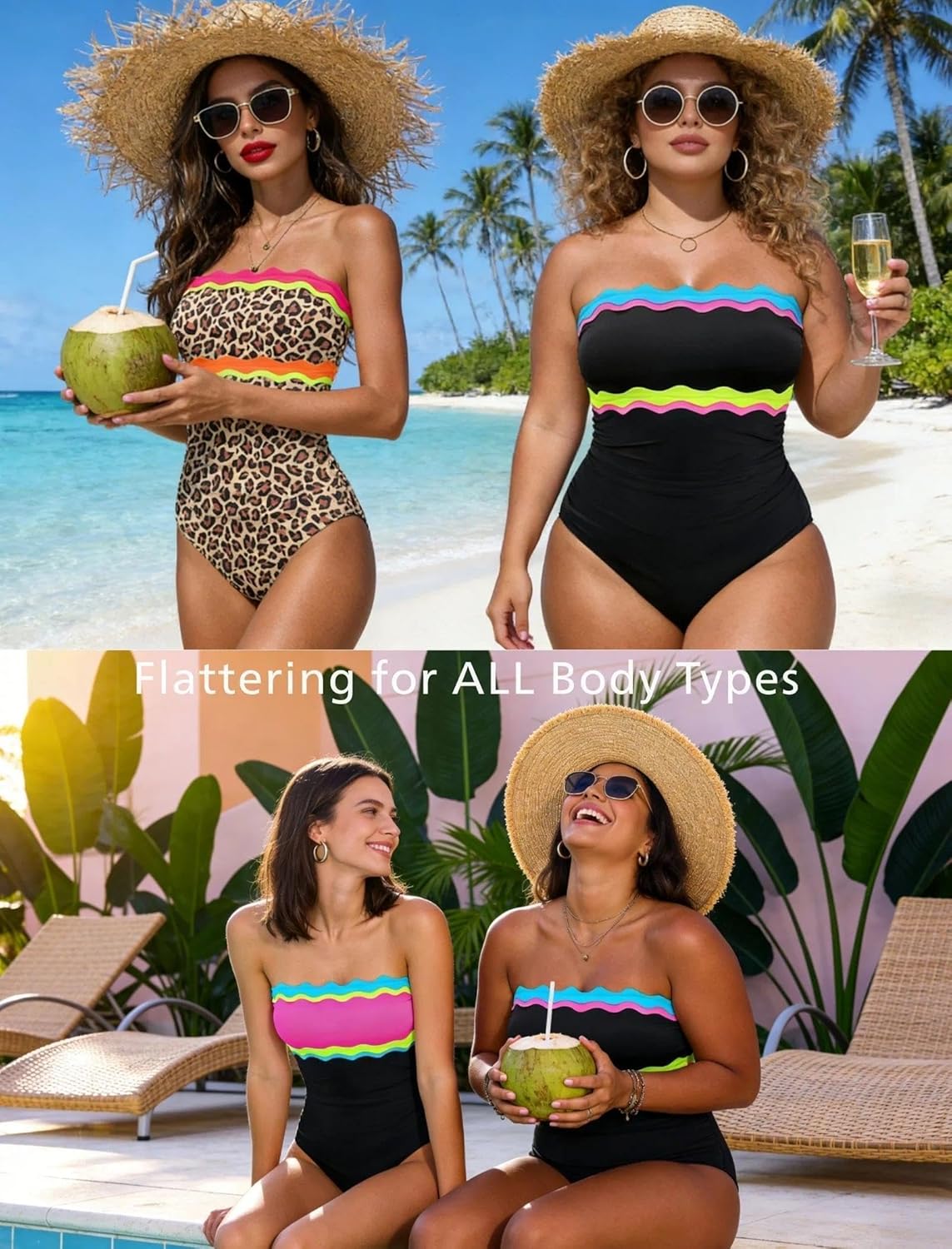 Popvil One Piece Swimsuits for Women - Tummy Control Strapless Neon Bandeau Swimwear 2026