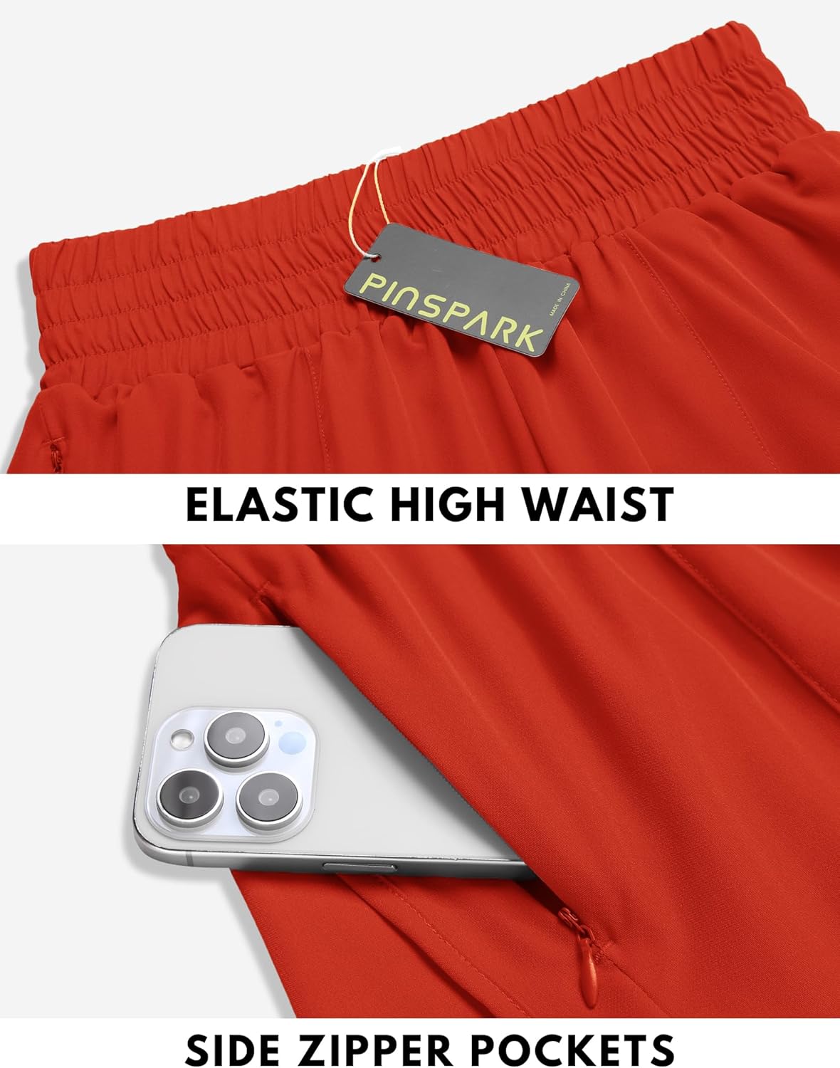 PINSPARK Women's High Waisted Running Shorts - Quick Dry Mesh Liner & 2 Zip Pockets | 3-Inch Length