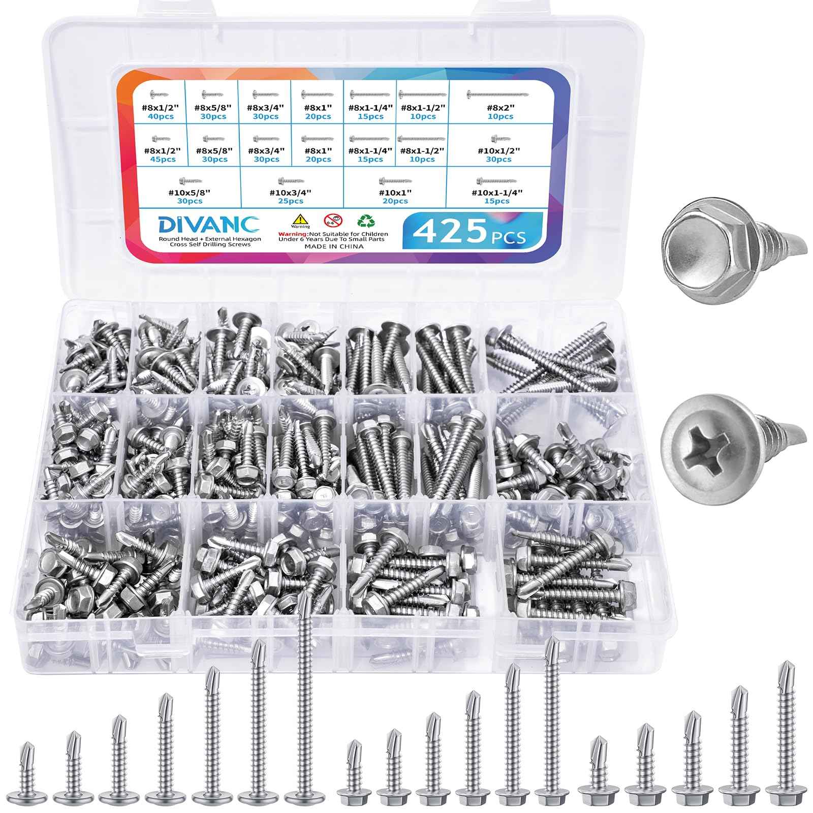 425PCS Self Tapping Screws for Metal, 410 Stainless Steel Self Drilling Screw #8#10 Phillips Wafer & Hex Washer Screws for Metals Assortment Kits, Length 1/2" 3/4" 1" 1-1/2" 2" (Silver)