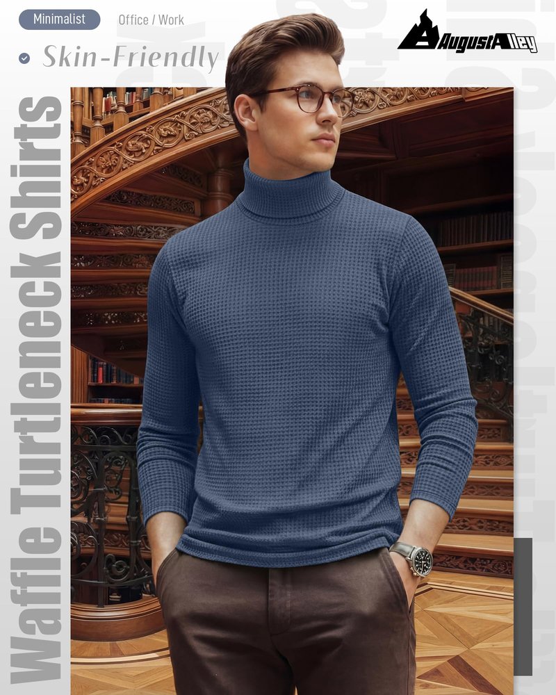 August Alley 3 Pack Men's Waffle Turtleneck Long Sleeve Shirts Slim Fit Pullover Sweater Thermal Undershirt Soft Base Layer(Navy Blue, Gray, Haze Blue,Large)