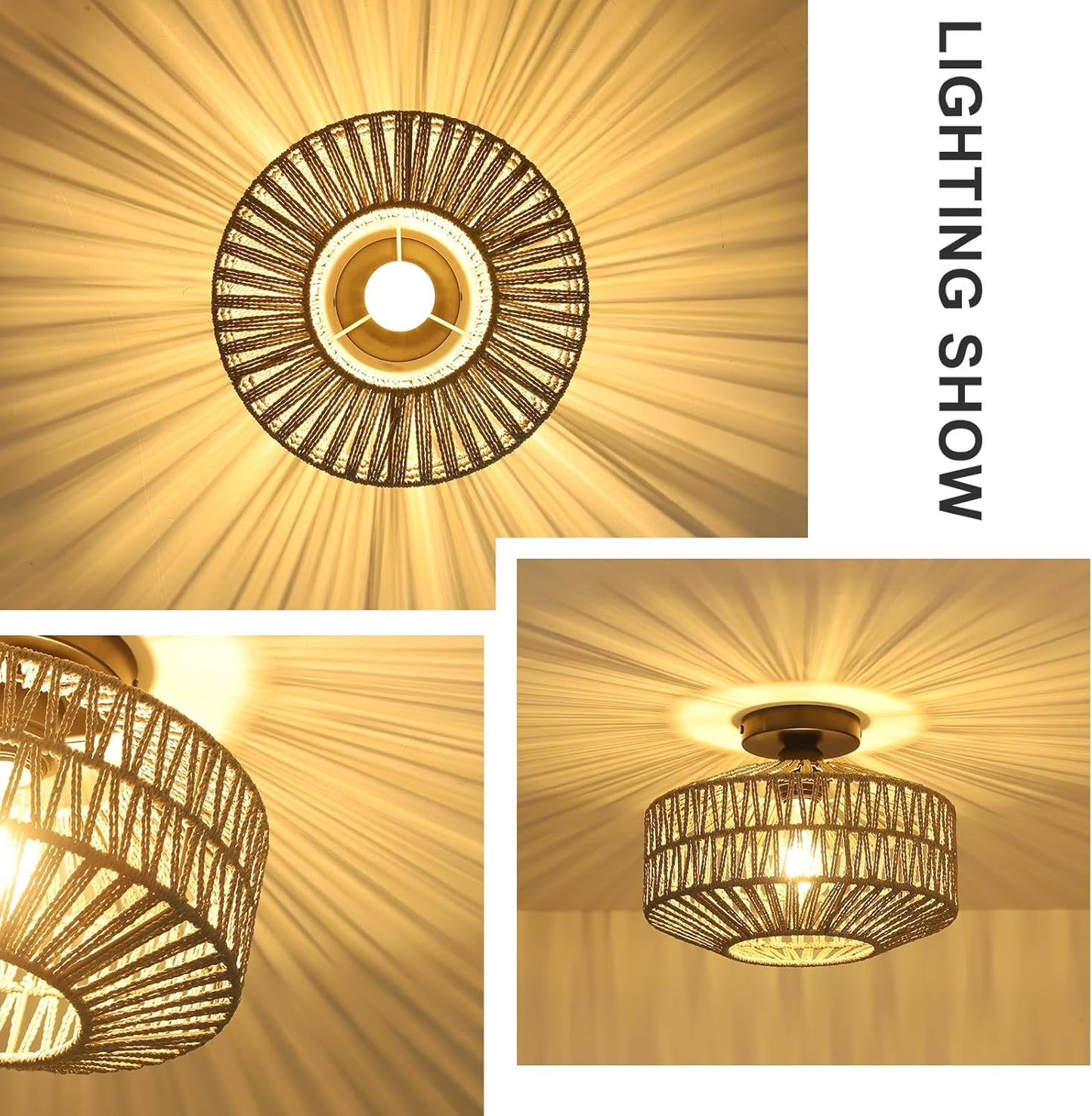Boho Rattan Chandelier Ceiling Light Fixture with Dimmable LED Bulb - Hand Woven Flush Mount for Hallway, Bedroom, Kitchen & Living Room