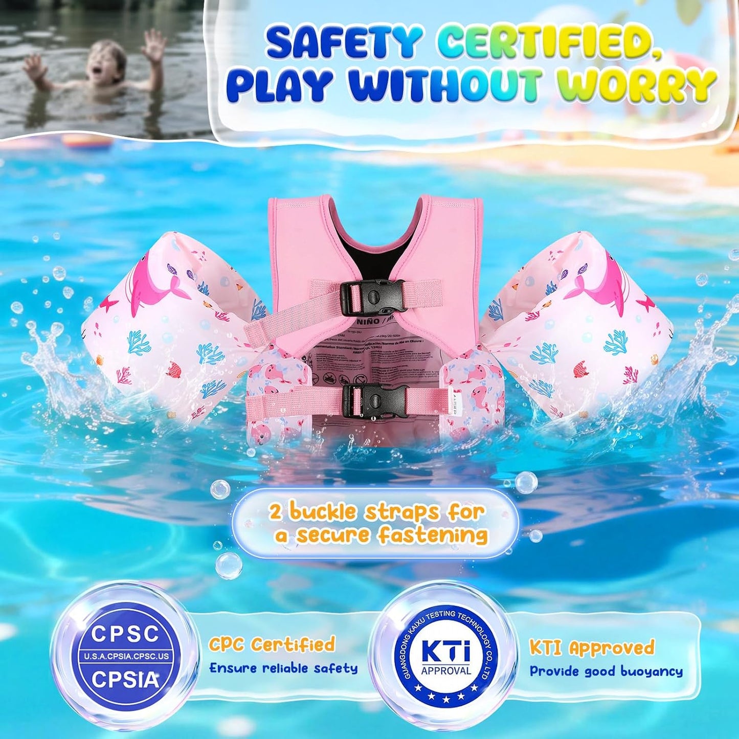 MoKo Toddler Swim Vest for Kids 13-30/20-50/22-66lbs, Swim Arm Floaties Cartoon Swimming Water Wings Pool Float Vests Sleeves Shoulder Straps Arm Band for Children Learn to Swim
