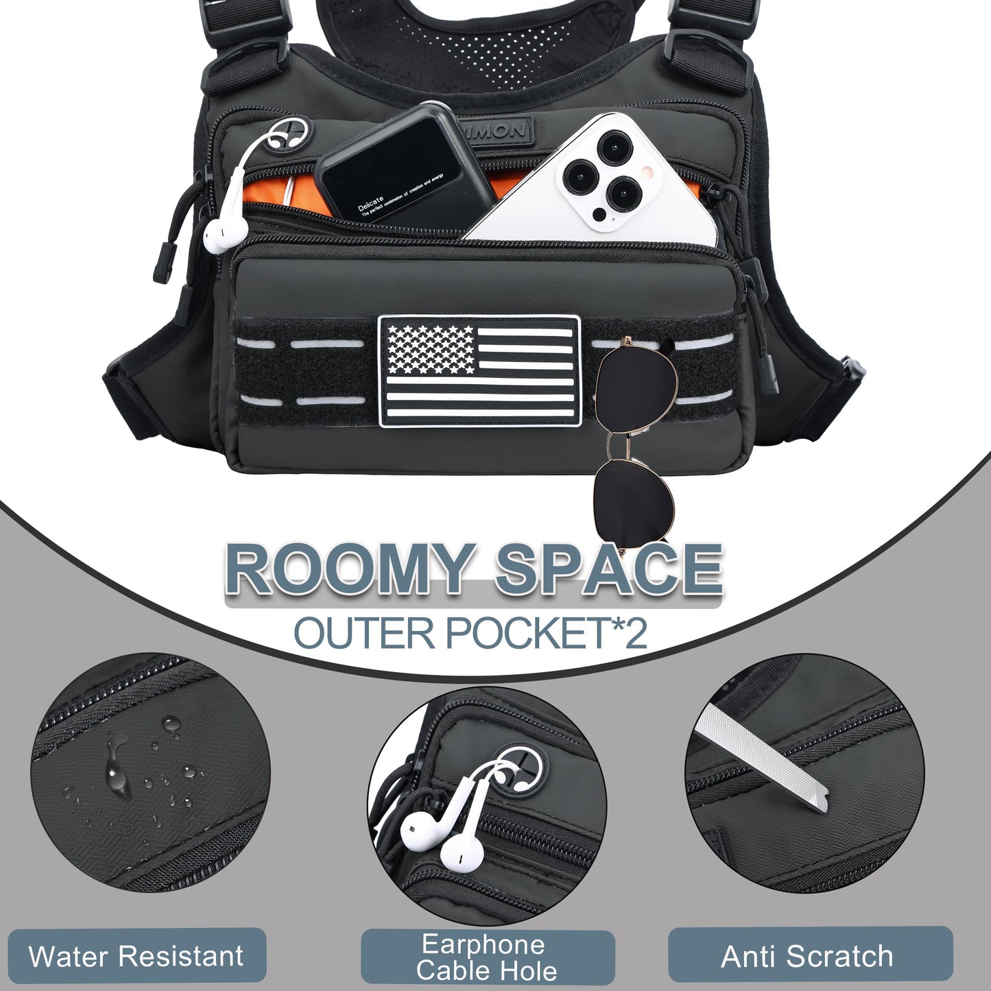 JIPIMON Chest Bag For Men, Outdoor Sports Running Chest Pack, Black