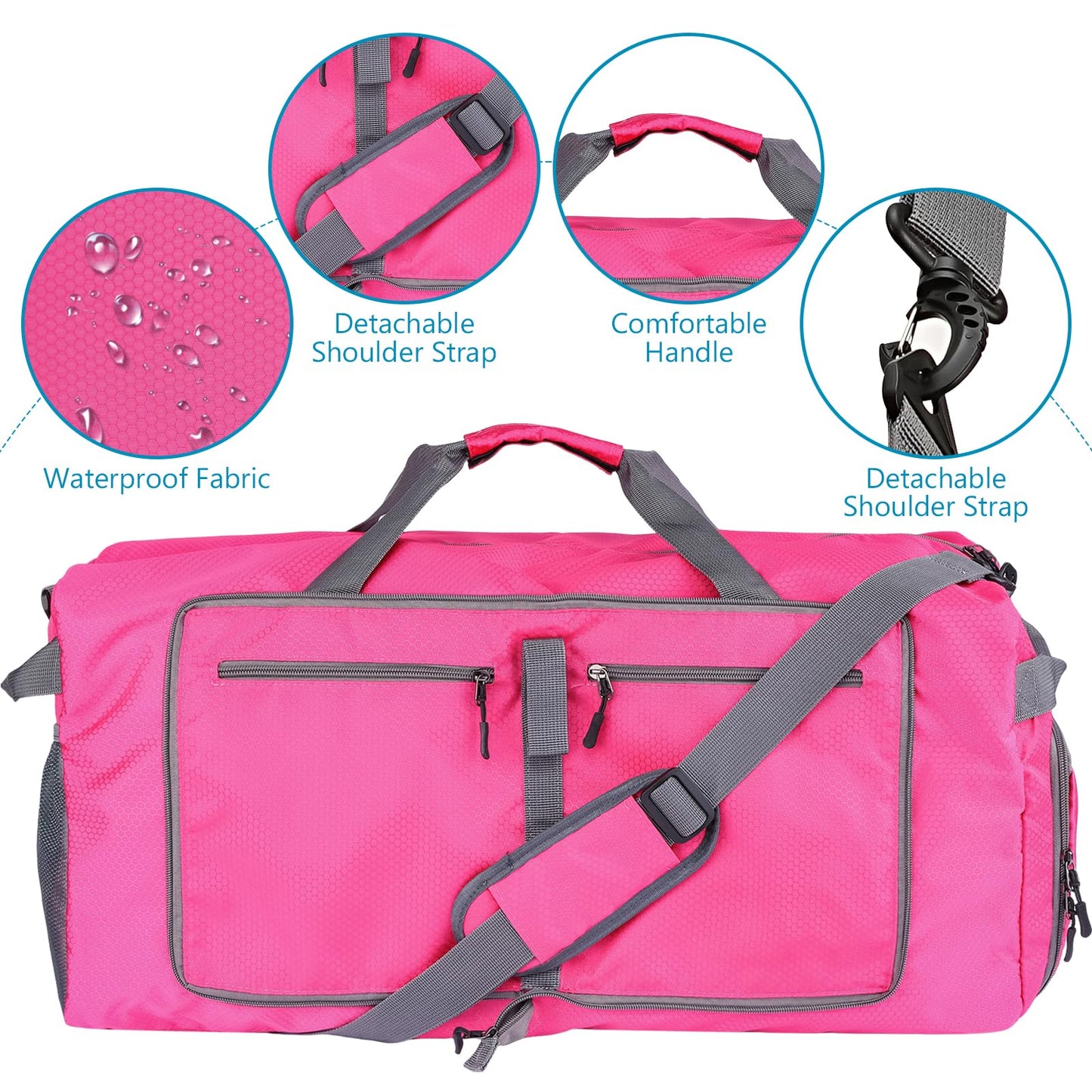 60L Duffle Bag with Shoes Compartment - Foldable&Large Capacity Travel Duffel Bags, Lightweight & Water-Resistant Gym Bag - Rose