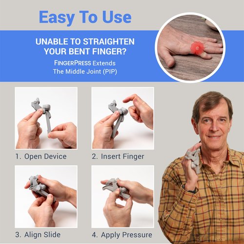 FingerPress Finger Straightener | PIP Extension Orthosis/Splint For Bent Fingers, PIP Flexion Contractures | Adjustable Joint Stretcher Device | Made in USA | Gray/Large
