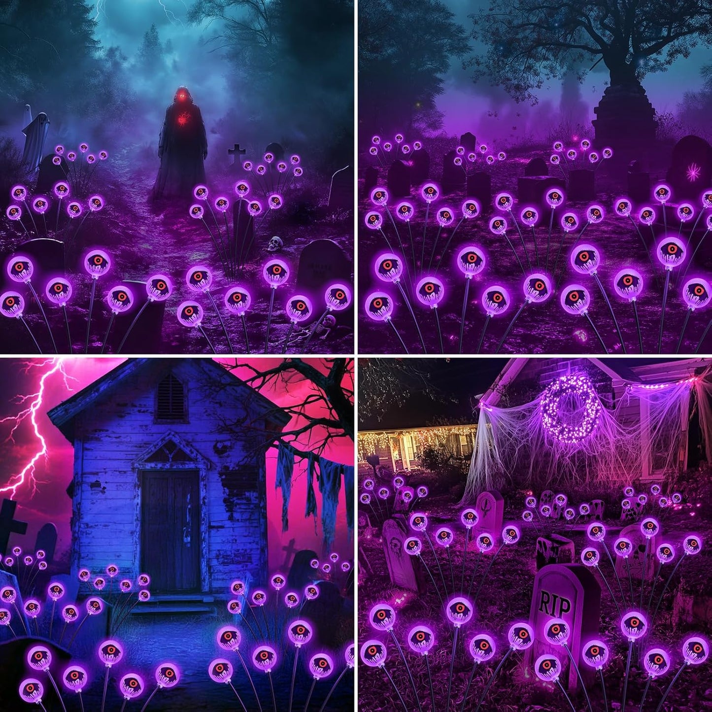 Solar Halloween Eyeball Lights - 6 Pack 36 LED Green Scary Pathway Decor