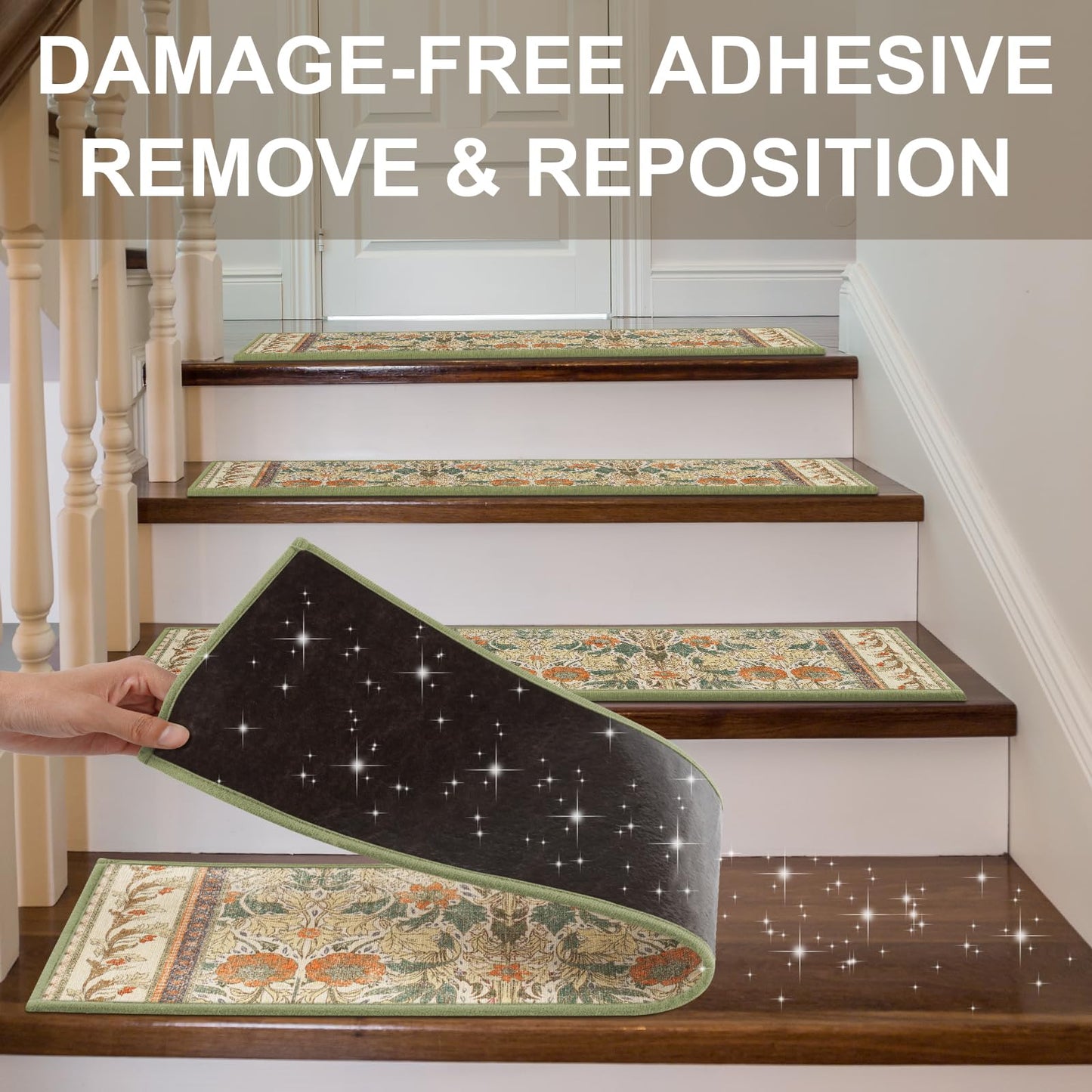 Non Slip Stair Treads for Wooden Steps Indoor, Sage Green, 15pcs, 30"X8", Soft Carpet Mat, Machine Washable Boho Carpet Treads with Reusable Adhesive Backing, Safety Stair Tread for Dog, Kid, Elder