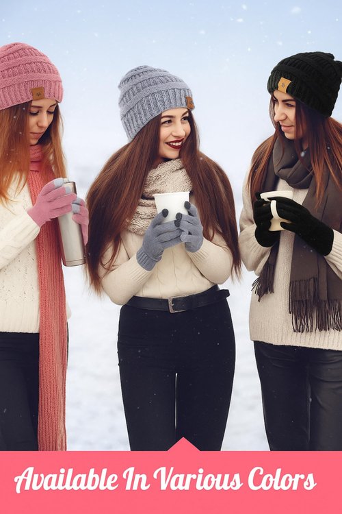 JaGely 6 Pcs Women Winter Beanie Hat Gloves Set Warm Knitted Hats and Touchscreen Gloves Lady Cold Winter Gifts for Christmas(No Fur Pom and No Pattern,Black, Grey and Pink)