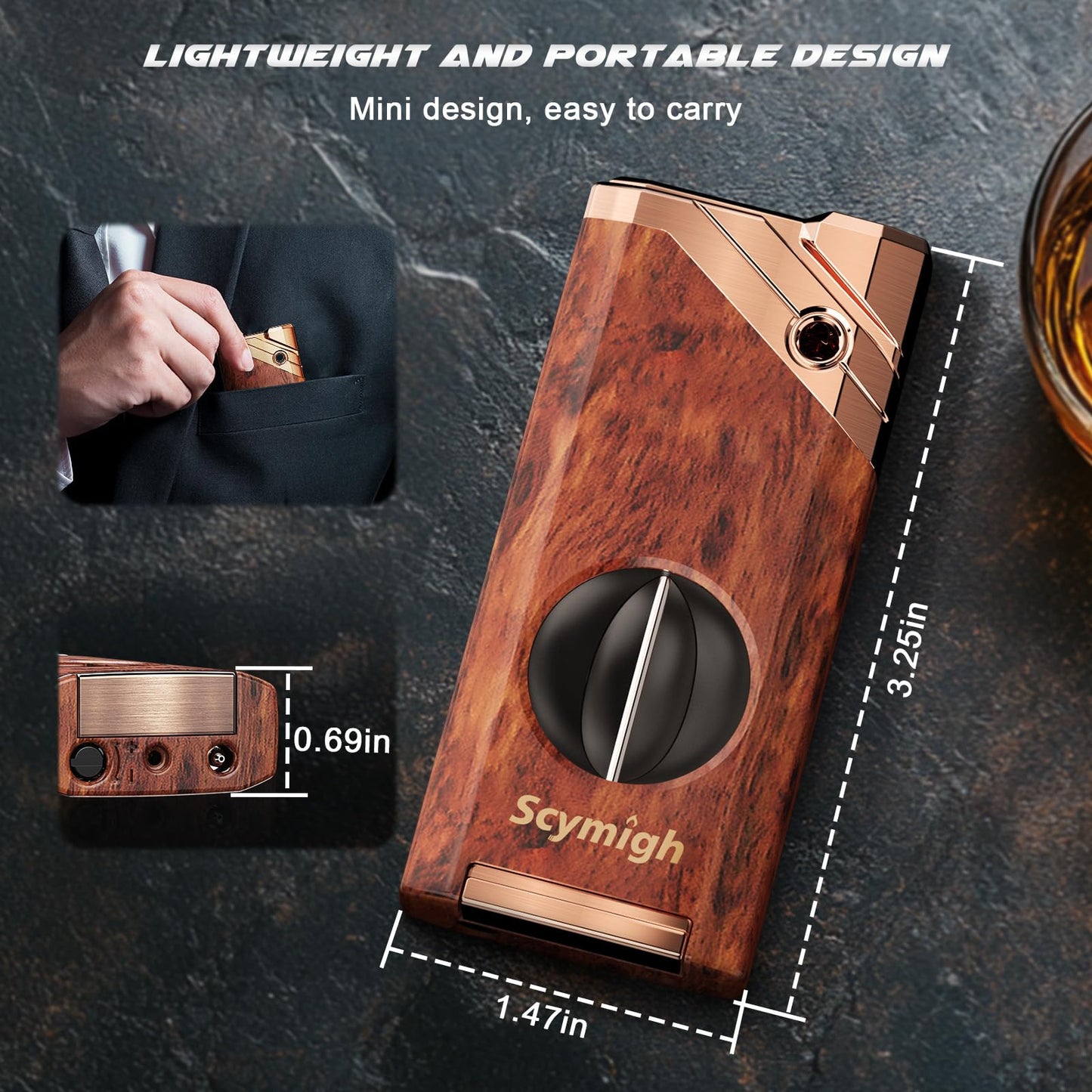 All in One Torch Lighter with V-Notch Tool and Holder, Refillable Butane, Adjustable Flame, Fuel Window, Cool Lighter for Gifts, Candle, Father's Day