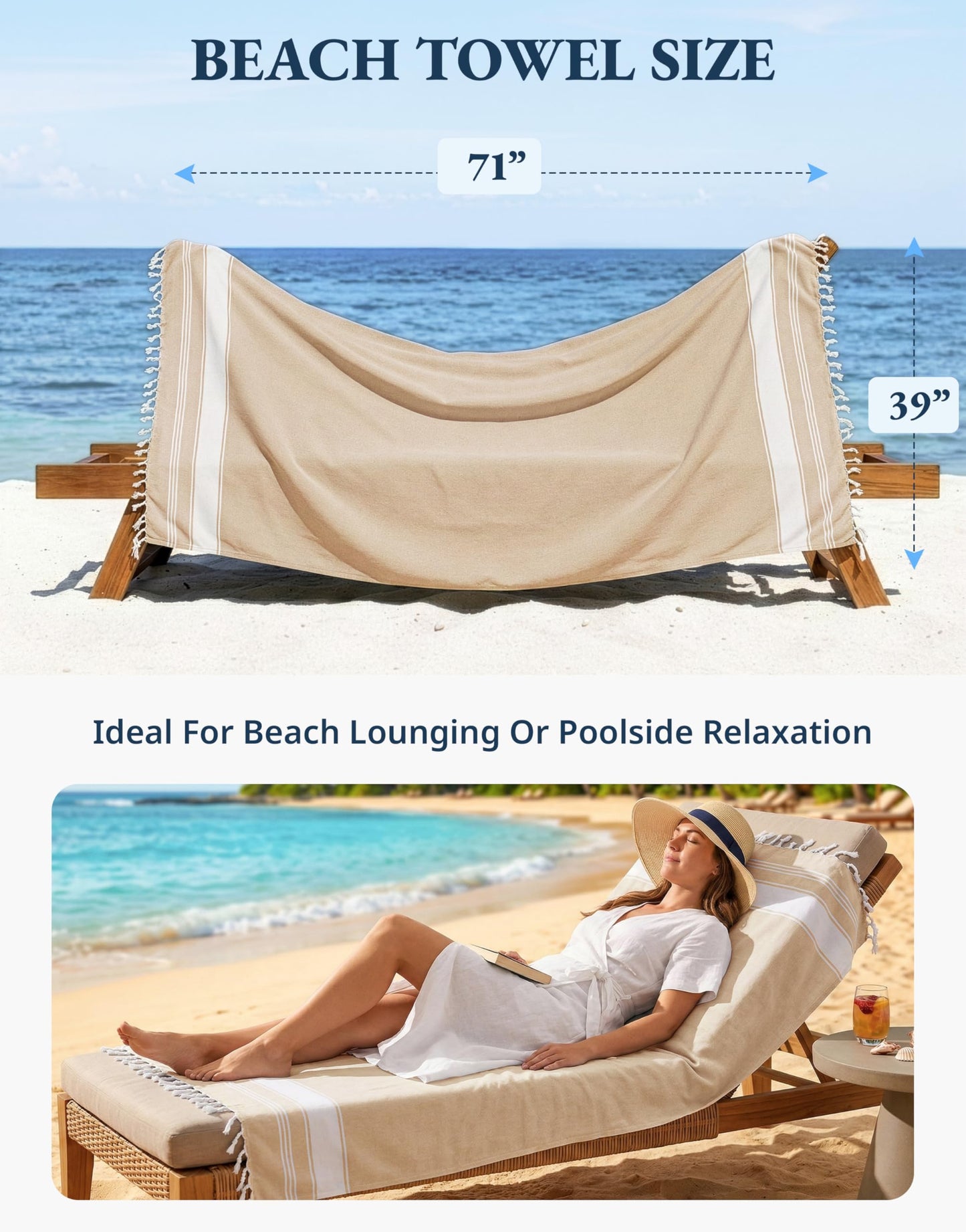 LANE LINEN Beach Towels for Women, Large Beach Towels Oversized, Pre-Washed, No-Shrink Sand Free, Quick Dry, Lightweight Travel Towel,Soft Beach Bath Towel, 39"x71" - Beige