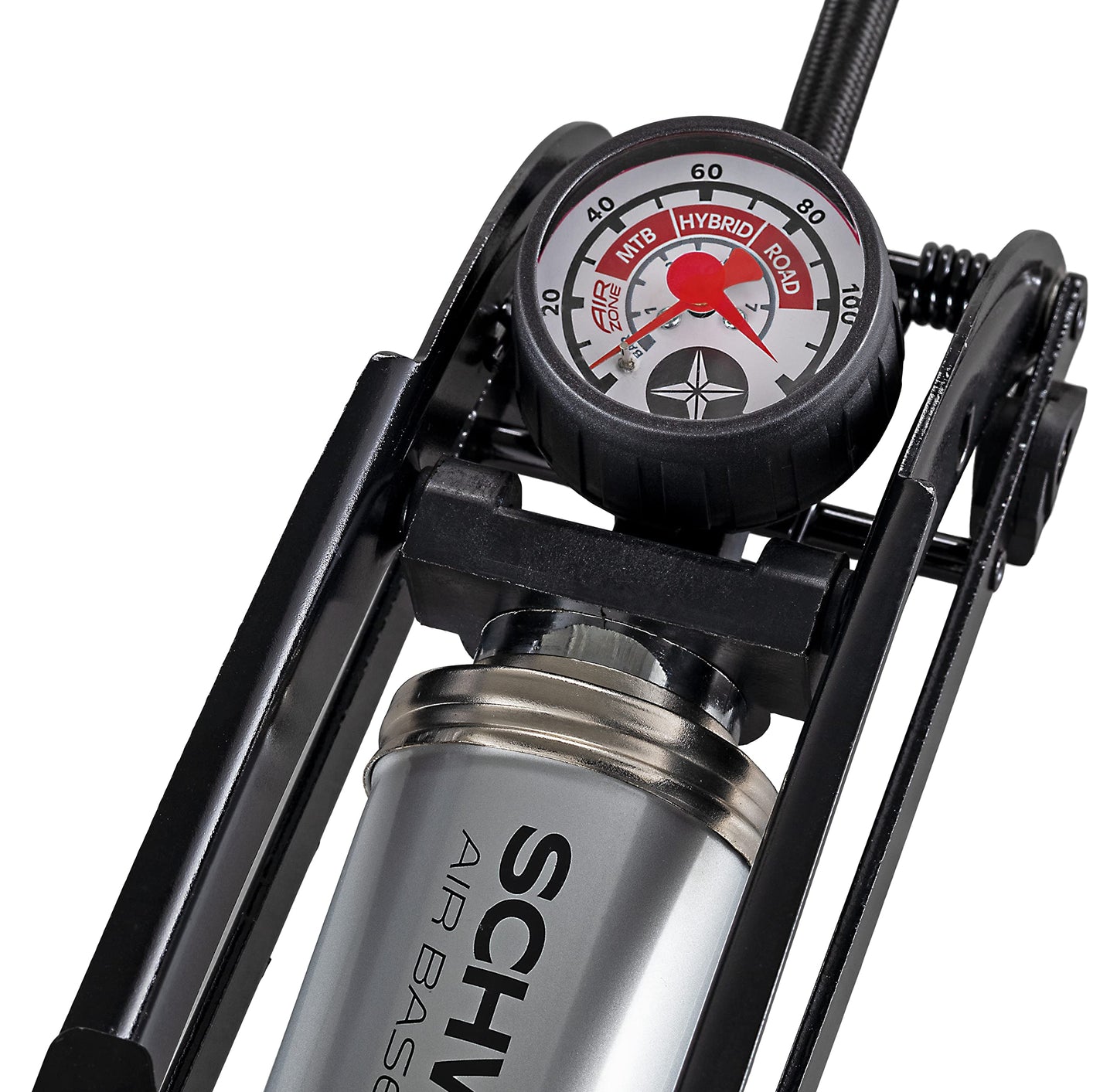 Schwinn Air Base Foot Pump, Air-Zoned Pressure Gauge, High Pressure Foot Pump, Dual Head Nozzle Fits Both Schrader and Presta, Up to 120 PSI, Grey