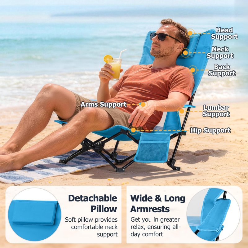 Joyfair 2 Pack Beach Chair Camping Chairs Set(High Back), Heavy Duty Folding Low Lawn Camp Chair for Adults for Outdoor Sport Fishing, Armrest Chair with Portable Bag, Pillow, Cup Holder (Blue)
