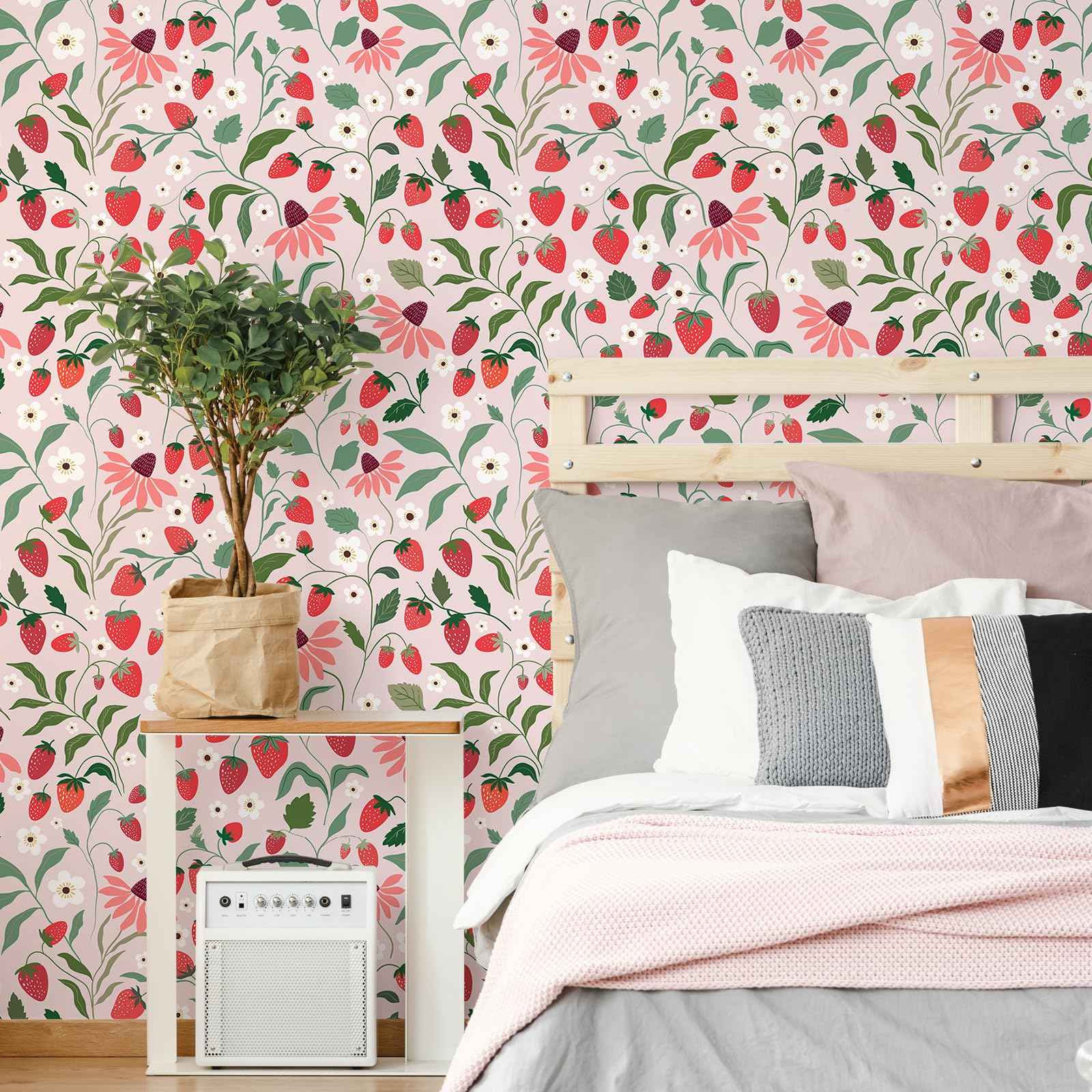 VEELIKE Strawberry Wallpaper Peel and Stick Pink Fruit Floral Wallpaper for Girls Bedroom Nursery Kitchen 17.7''x118'' Removable Prepasted Botanical Wallpaper Pink Contact Paper for Cabinets Drawers
