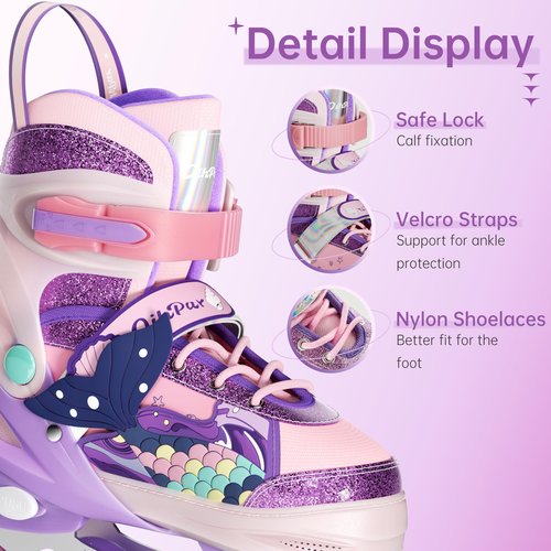 Children's Adjustable Inline Skates with 4-Size Adjustable Fit, Inline Skates with Triple Safety Straps & LED Light Wheels Perfect for Beginners,Ideal Gift for Boys & Girls (Pink, Medium(13C-3Y))