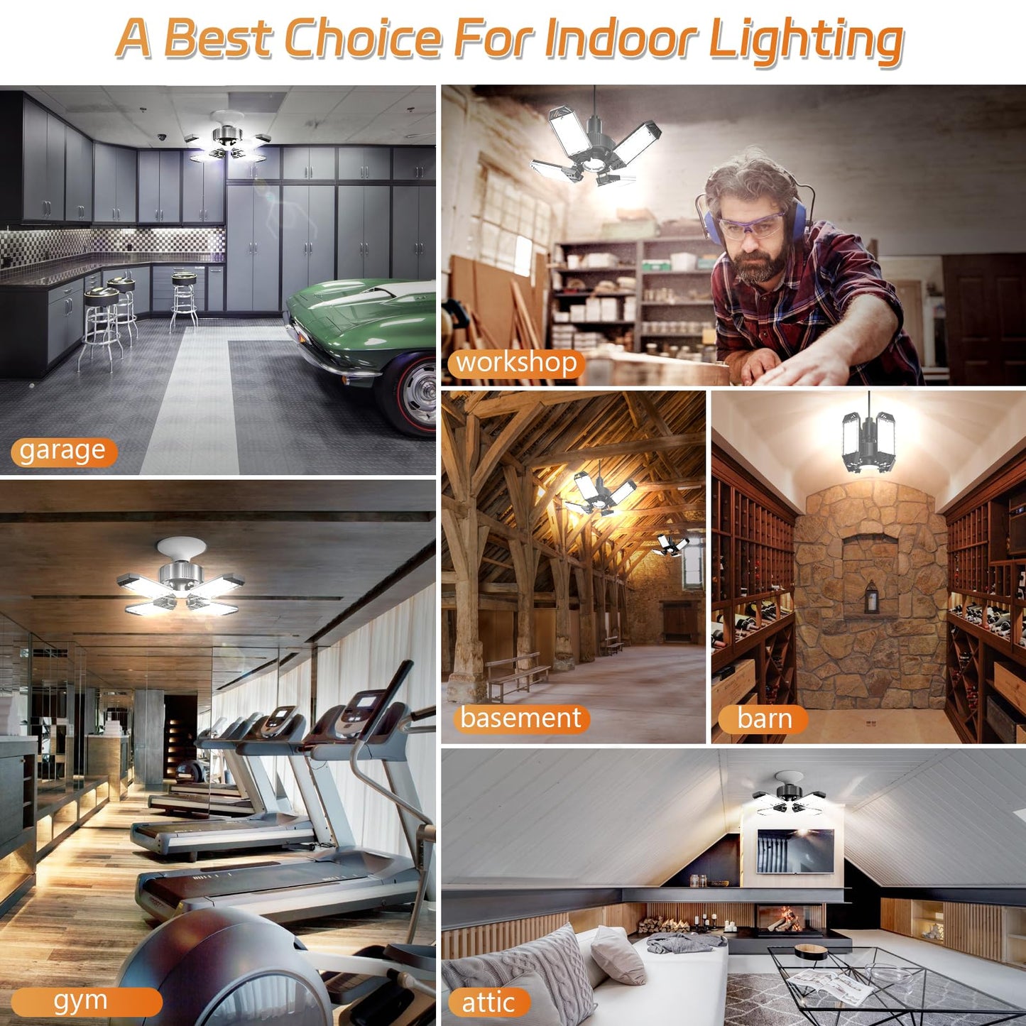 XINGHUANLIT LED Garage Light - 120W Garage Lights Ceiling LED 12000LM with 4+1 Deformable Panels, Screw in Shop Lighting 6500K Fit for E26 E27 Bulb Socket, for Workshop, Barn, Basement, Attic, Bay