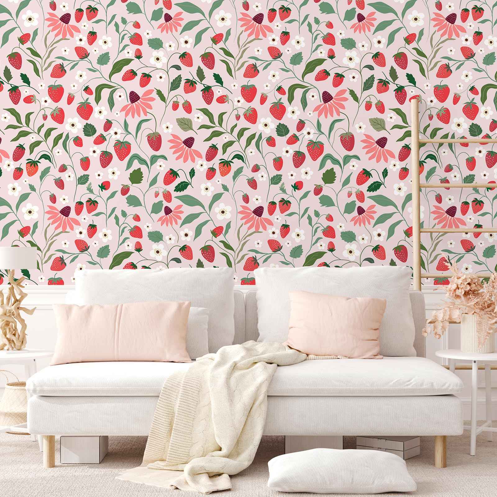 VEELIKE Strawberry Wallpaper Peel and Stick Pink Fruit Floral Wallpaper for Girls Bedroom Nursery Kitchen 17.7''x118'' Removable Prepasted Botanical Wallpaper Pink Contact Paper for Cabinets Drawers