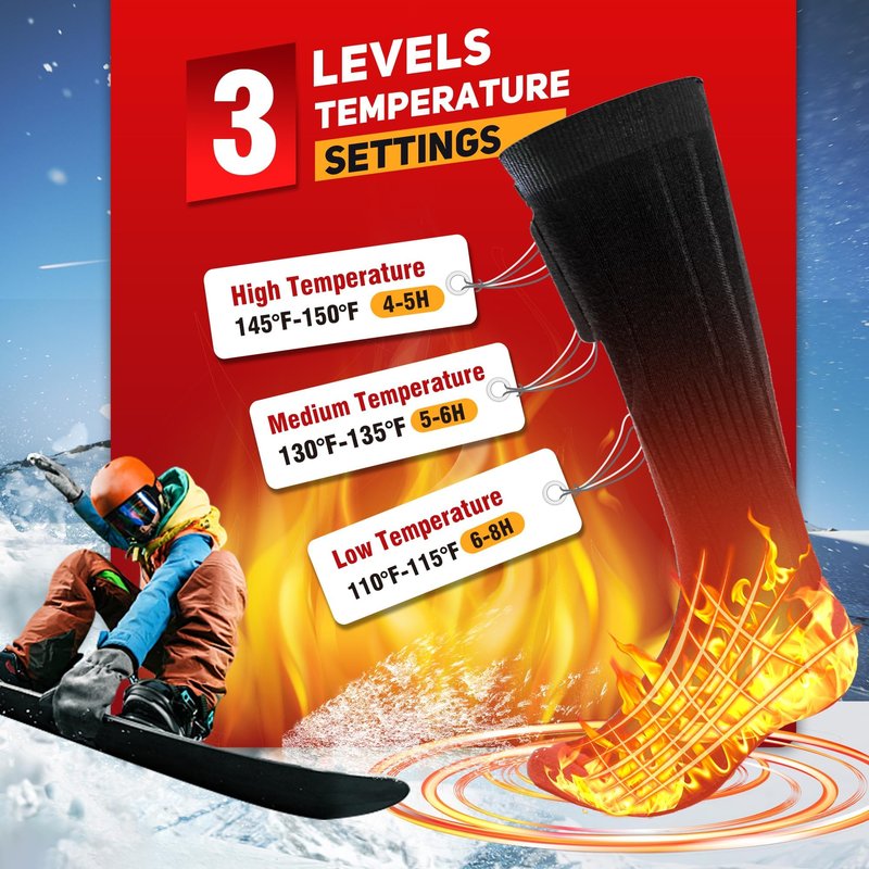 Heated Socks for Men Women, Foot Warmer with Rechargeable Battery Powered, 3Levels Temperatures Setting,Thermal Heating Electric Socksfor Winter Outdoor Sports, Camping, Hunting, Hiking Black