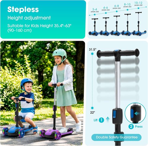 GLAMUP Kids Scooter - 2-in-1 Folding Kick Scooter with Adjustable Height & Safety Lock | For Ages 3-14