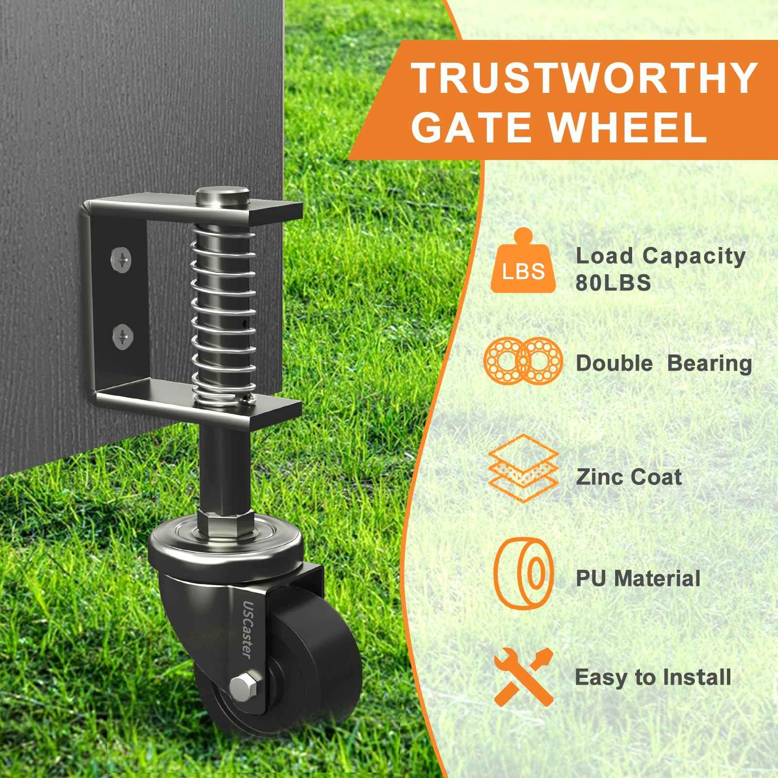 USCaster 1 Pack Gate Caster 2inch Wheel for Wooden Gates - 80lbs Capacity, 360 Rotation, Solid Rubber Tire, Spring-Loaded, Black