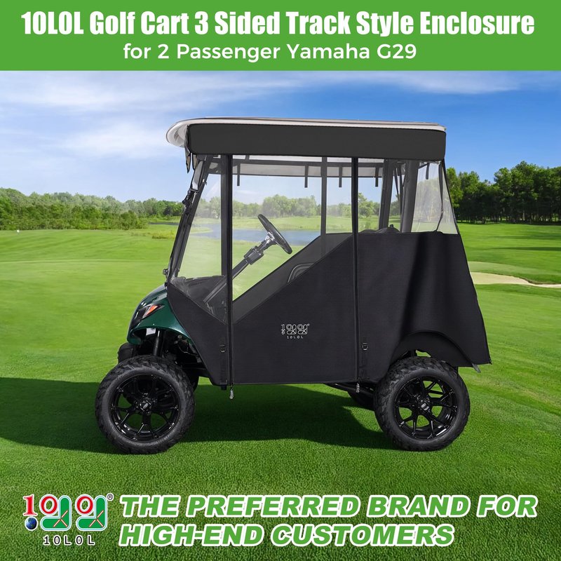 10L0L 3-Sided Track Style Golf Cart Enclosure fit 2 Passenger Yamaha G29, 600D Oxford Cloth Rain Shelter Cover with Aluminum Pre-Drilled Track,3 Sides Roll Up,Waterproof and UV Protection(Black)