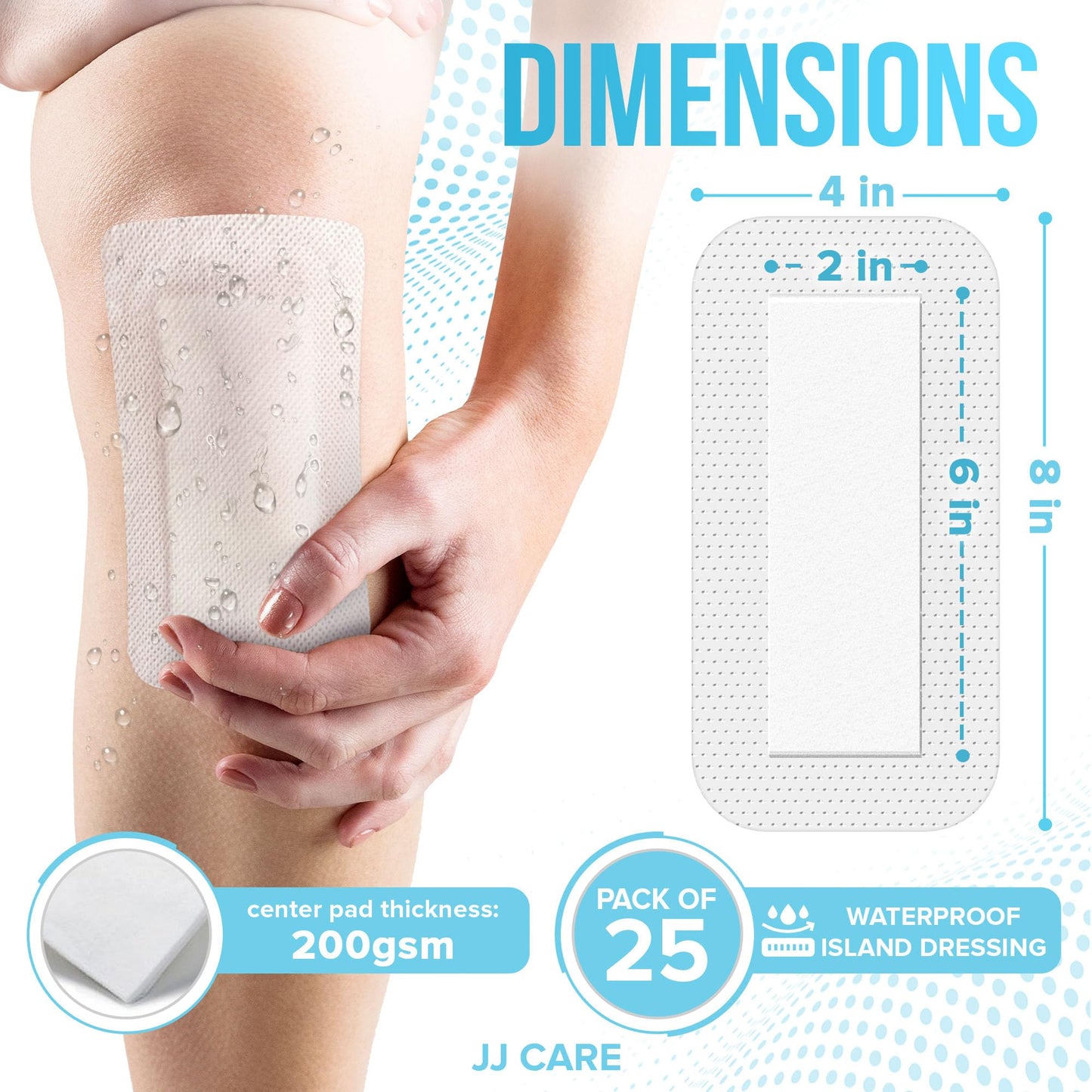 JJ CARE Waterproof Adhesive Island Dressing [Pack of 25], 4” x 8” Sterile Bordered Gauze, Breathable Island Wound Dressing, Individually Wrapped Adhesive Gauze Bandages with Non-Stick Central Pad