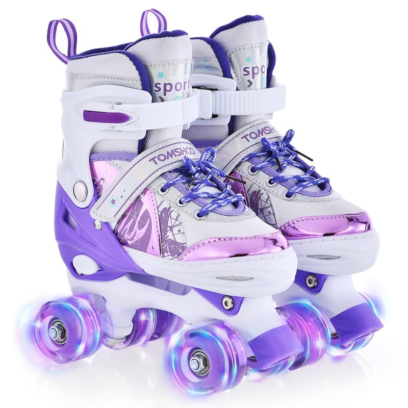 TOMSHOO Kids Roller Skates for Girls Boys 4 Sizes Adjustable Skates for Toddlers Beginner Teens with Light up Wheels Age 3-5 5-8 6-12 Children Gift for Indoor Outdoor (Purple, Medium)